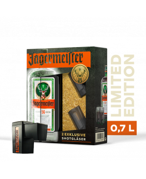 Jägermeister mit elektrischer Pumpe + 2 rauchgraue Shotgläser